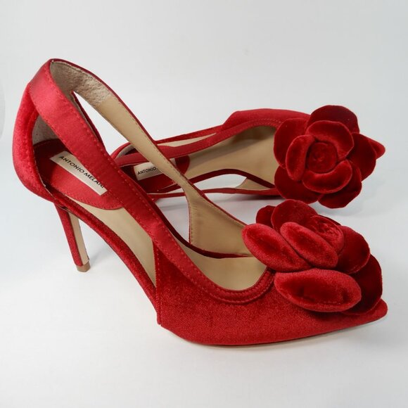 ANTONIO MELANI Ester Velvet Red Flower Heel Pumps Size 6.5 Pointed Toe NEW - Picture 15 of 16